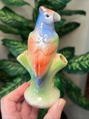 Vintage Czechoslovakia Signed 3 Hole Ceramic Parrot Flower Frog / Vase